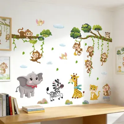 Produktbild von Dschungel Tiere Wandsticker Set Kinderzimmer Jungle Wandtattoo mit Elefant Giraffe Zebra Affe selbstklebend Wanddeko Babyzimmer