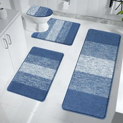 Produktbild von Famanu Antirutsch-Badmatten-Set 4-teilig mit Toilettendeckelüberzug - Blau