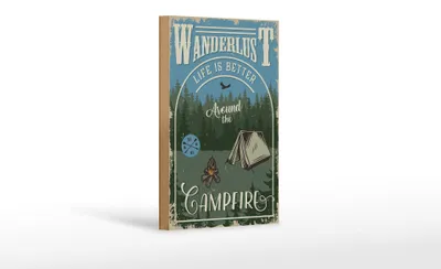 Produktbild von Holzschild Retro 12x18cm Wanderlust camping