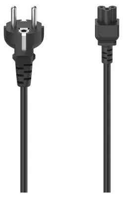 A black power cord with two different types of plugs on either end, shown against a white background.