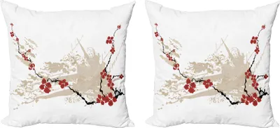 Produktbild von ABAKUHAUS Blume Kissenbezug Set (2Stück), Illustration von Sakura Flowers auf Schmutz-Hintergrund mit weichen Pastellfarben, 40 x 40 cm, Beige Weiß Rot