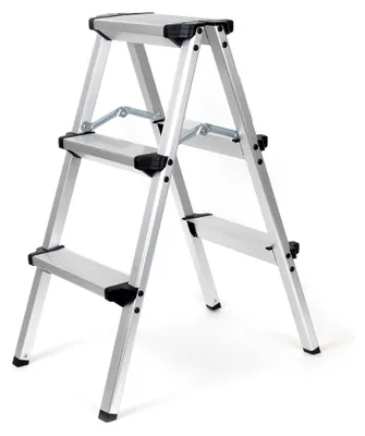 Produktbild von Aluminium-Klappleiter bis 150 kg, beidseitig nutzbare Trittleiter, 73 cm hoch mit 3 Stufen, Stehleiter mit rutschfesten Trittflächen