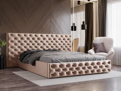Obrázek produktu pro Postel GRAINGOLD Chesterfield 180x200 Madera - Stylové čelo z masivu - Čalouněná postel s roštem a podnoží - Elegantní postel - Béžová (Amor velvet 4302)