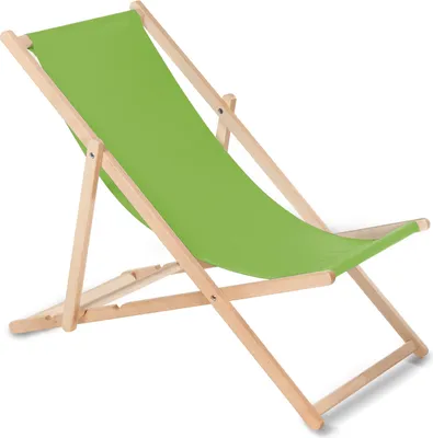 A green fabric deck chair with wooden frame, isolated on a white background.
