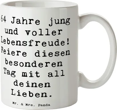 Produktbild von Mr. & Mrs. Panda Teetasse Spruch 64. Geburtstag Freude - Weiß - Geschenk, Geburtstagsparty, Kaffeebecher, herzliche Umarmungen, Becher, Pott, Alter, Happy Birthday, Tasse