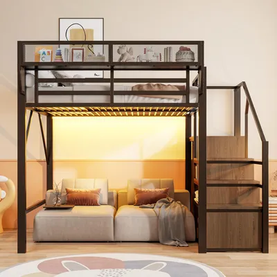 Immagine prodotto di Letto a soppalco okwish 140x200 con materasso e illuminazione LED, letto per ragazzi con vani a giorno e ringhiera di sicurezza, letto in metallo nero