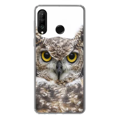 Produktbild von MuchoWow® Handyhülle Schutzhülle Hülle für Huawei P30 Lite Porträt einer braunen Eule auf weißem Hintergrund Silikon Softcase Handy Hülle - Handyhülle