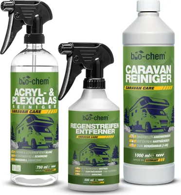 Produktbild von bio-chem Caravan Außen-Pflege Set 3-teilig - 1x 1000ml Caravan-Reiniger + 1x 500ml Regenstreifen-Entferner 1x 750ml Acryl- und Plexiglasreiniger - für Wohnmobil, Wohnwagen, Anhänger, Vorzelt etc.