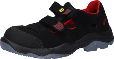 A single black safety shoe with red accents is shown against a white background.