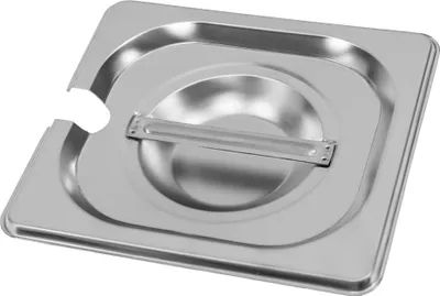 Zdjęcie produktu dla Pokrywka do pojemników GN ze stali nierdzewnej Mega-M, odpowiednia do pojemników GN 1/6, z wycięciem na chochlę, 176x162 mm