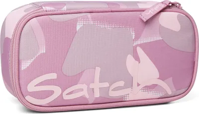 A pink camouflage pencil case with the brand name 'Satch' printed on it.