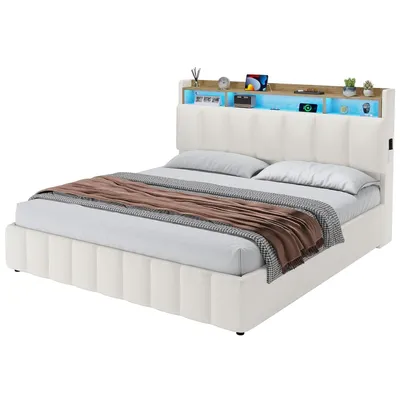 Produktbild von AODEMOKO Polsterbett mit LED Beleuchtung, 160 x 200 cm mit Ladefunktion, Beige
