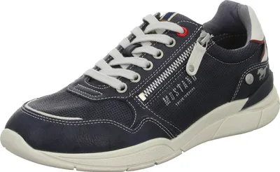 A single blue sneaker with white laces and a zipper on the side, shown from a three-quarter angle against a white background.
