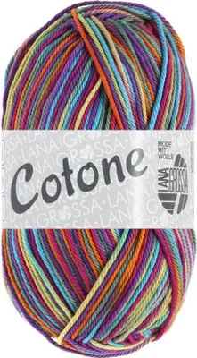 A ball of multi-colored yarn with a label.