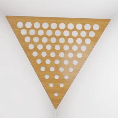 Immagine prodotto di Confezione da 2 – Bass trap per angoli del soffitto "Triangle-F" | Schiuma acustica piramidale con pannello HDF laminato e rivestimento in tessuto [ROUNDS - Rovere | Bianco]