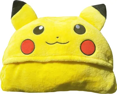 A close-up of a yellow Pikachu blanket with its hood up.