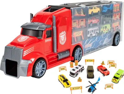 Produktbild von Malplay Transporter Spielzeug Transport-Lkw Autotransporter mit 5 Stück Buntes Mini Autos und Helikopter 53cm ab 3 Jahren Geschenk