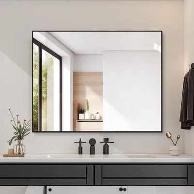 Produktbild von okwish Schwarz Wandspiegel mit schwarzem Metallrahmen, Badspiegel Vertikal montierbar, 70x90cm, für Badezimmer und Flur