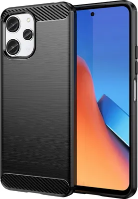 A black phone case is shown next to a smartphone with a colorful wallpaper.