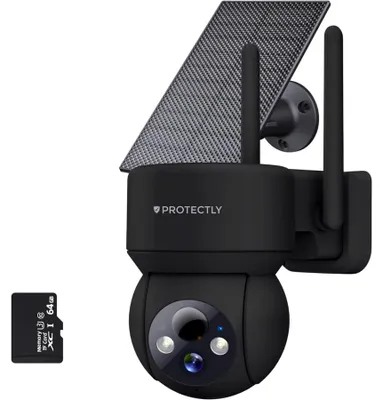 Produktbild von Protectly® 3K Solar Überwachungskamera Außen – kabellose WLAN Kamera mit 5MP, Nachtsicht, 355° PTZ, 64GB SD & App