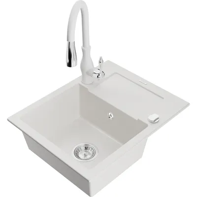 Obrázek produktu pro Mexen Enzo 1-miskový granitový dřez s odkapávačem a kuchyňskou baterií Savita, Bílá - 6506-20-672601-20