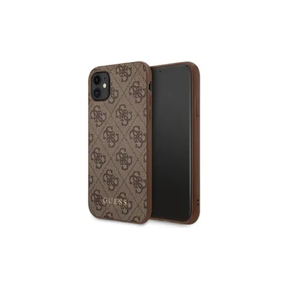 A brown Guess branded iPhone case is shown on a white background.