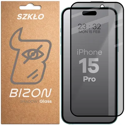 Produktbild von Bizon Glass Edge Shadow Privacy Tempered Glass für iPhone 15 Pro, getönt mit schwarzem Rahmen