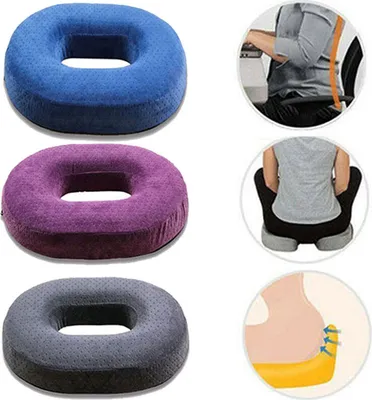 A collage of donut-shaped cushions in different colors and lifestyle shots demonstrating their use.