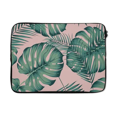 Produktbild von MuchoWow® Laptop Hülle 14 ZollBlätter - Rosa - Muster - Mädchen - Kinder - Grün - Kind Laptoptasche - Laptoptasche - Stoßsicher - Schutzhaube