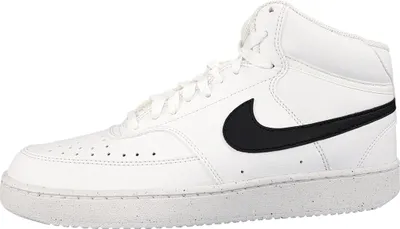 A white Nike Court Vision Mid NN shoe with a black Nike swoosh logo is shown against a white background.