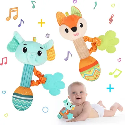 Produktbild von Baby Rassel Set 2er-Pack – Sensorisches Greifspielzeug Elefant & Fuchs, fördert Hören & Sinne, für Babys 0–12 Monate