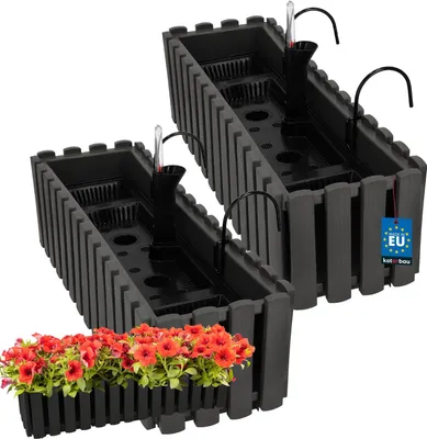 Produktbild von KOTARBAU® 2er Set Blumenkasten Balkon Blumentopf Selbstbewässernd 58x18x16cm Grau Kunststoff Blumentopf Balkongeländer Bewässerungssystem Blumenkastenhalterung Pflanzkübel Groß Außen