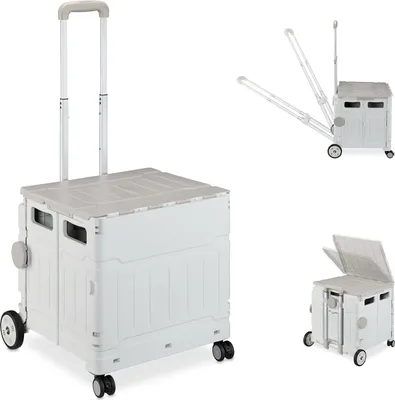 Produktbild von Relaxdays Einkaufstrolley, klappbar, Einkaufskorb mit Rollen, Deckel & neigbarem Teleskopgriff, bis 50 kg, grau/weiß
