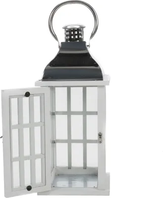 Produktbild von Holzlaterne mit Metalldach und Glaseinsätze, Windlicht für Teelichter oder Stumpenkerzen, Türriegel und Aufhängevorrichtung verchromt, weiße Deko Laterne