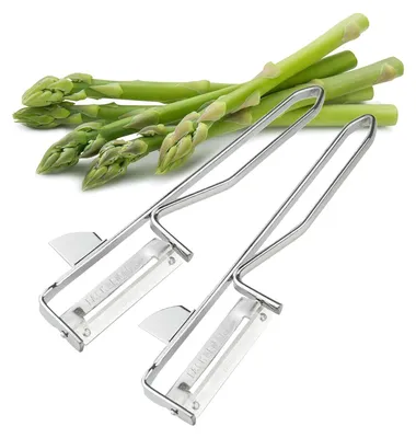Produktbild von FMprofessional Sparschäler 2er Set – Schäler aus rostfreiem Edelstahl – Hochwertige Gemüseschäler mit Aushöhler – 15 cm x 4 cm große Spargelschäler