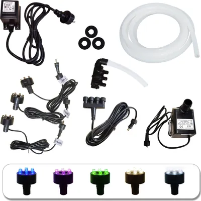 Produktbild von Köhko komplett Pumpe Set 1000L/H für Springbrunnen Gartenbrunnen inkl. 3 LED-Beleuchtung (Lila) , 3 wege Wasserverteiler, 4-fach Stromverteiler, Schlauch, 5m Verlängerungskabel, Tarfo und Schaumdichtung