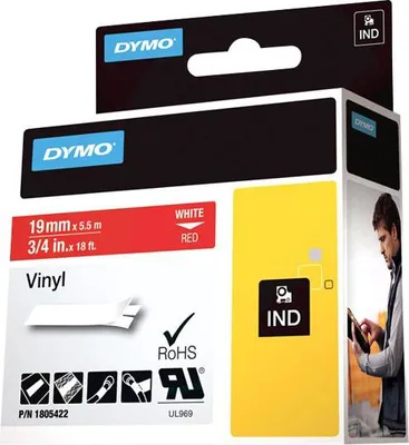 Productafbeelding van DYMO RHINO vinyletiketten, wit/rood, 19 mm x 5,5 meter