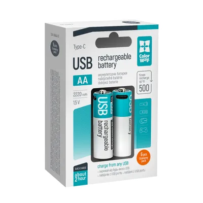 Obrázok produktu pre Dobíjacie batérie Colorway AA 2200mAh/ USB-C/ 1,5V/ 6ks v balení