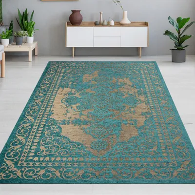 Produktbild von Orientalischer Wohnzimmerteppich mit Bordüre Klassisch Design in Türkis Gold Größe - 80 x 250 cm