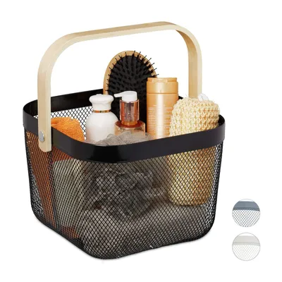 Immagine prodotto di Cesto portaoggetti a rete - Cestino in metallo con manico in legno - 17,5 x 26 x 24,5 cm - Nero