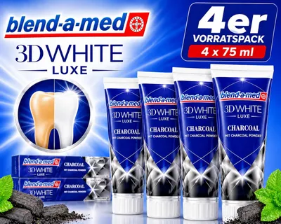 Produktbild von blend-a-med 3D White Luxe Charcoal Zahnpasta 4 x 75 ml, Zahncreme mit Aktivkohle, 4er Vorratspack
