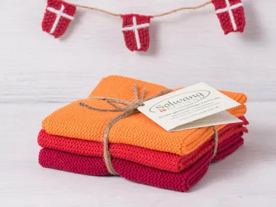 Produktbild von Solwang Wischtuch ORANGE ROT DUNKELROT KOMBI gestrickt 3er Set Küchentuch Lappen