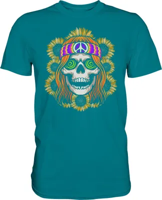 Produktbild von Hippie Totenkopf Sonnenblumen T-Shirt Gärtner Geschenk Garten – Diva Blue / L