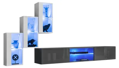 Produktbild von Grau Sideboard TV-Ständer Garnitur Wohnwand Komplett Wand Regale Wandschrank