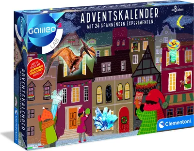 A product box for a Clementoni Galileo LAB Advent Calendar with 24 experiments, featuring a festive street scene with buildings, a dinosaur, and holiday decorations.