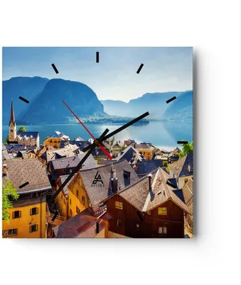Produktbild von Wanduhr - Quadrat - Glasuhr - Berge See Wasser - 40x40cm - Schleichendes Uhrwerk - Lautlos - zum Aufhängen bereit - Dekoration Modern - Wanddekoration aus Glas - C3AC40x40-3955
