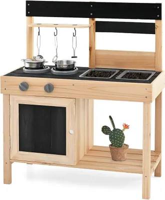 Imagen del producto de Cocina de juguete para exteriores, cocina de madera para niños con 11 accesorios, pizarras y 2 fregaderos desmontables, cocina de juego para exteriores para niños a partir de 2 años