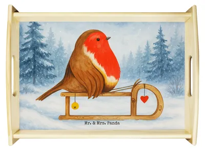Produktbild von Mr. & Mrs. Panda Serviertablett Rotkehlchen Schlitten Design - Weiß - Geschenk, Wintermotiv, tablett holz, für bett, Weihnachten, Servier, Deko, Vogel