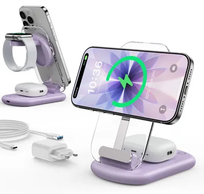 Immagine prodotto di Base di ricarica per Apple Watch e iPhone, compatibile con il caricabatterie MagSafe, colore viola