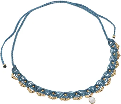 Produktbild von Makramee Kette Perle, Hippie Boho Kette - Blau/Mondstein, Baumwollfäden,Halbedelstein,Messing, Ketten & Modeschmuck für den Hals